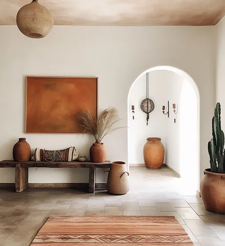 Modern house interior with a cozy living space, featuring a wooden bench, decorative vases, and an arched doorway leading to another room.