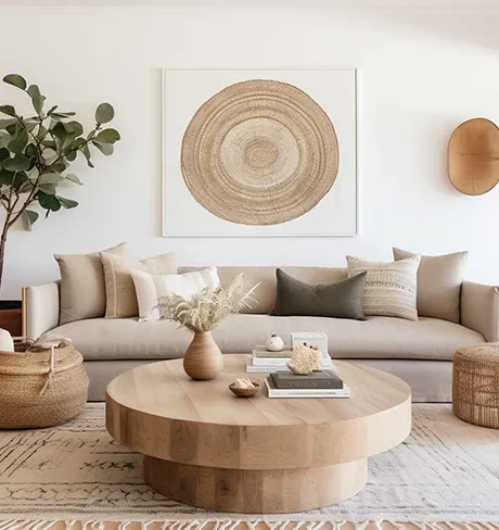 Cozy living room with a round coffee table, modern sofa, and woven wall decor, showcasing the benefits of a cash offer for homes in Spokane, WA.